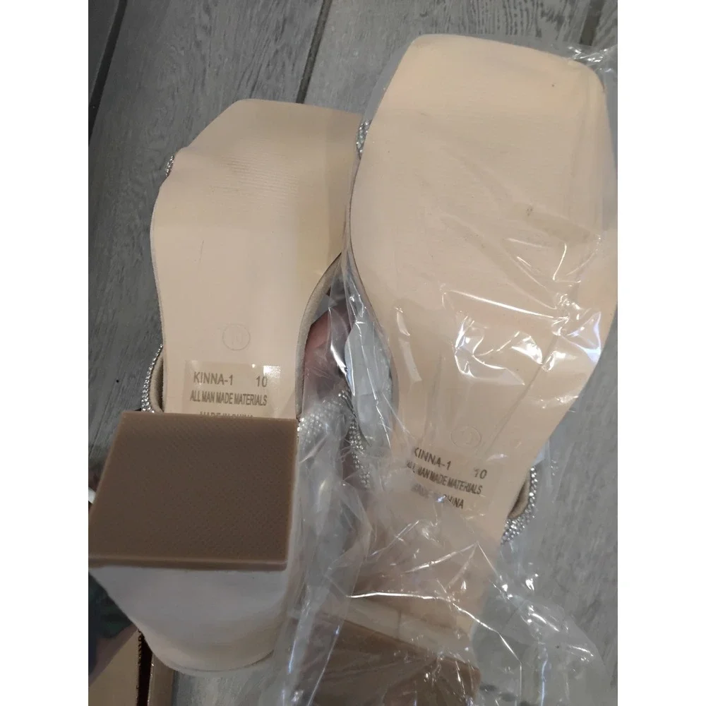 Cathy Die Kinna-1 Nude Rhinestone Block Heel Sandals Square Toe Mules Womens 10